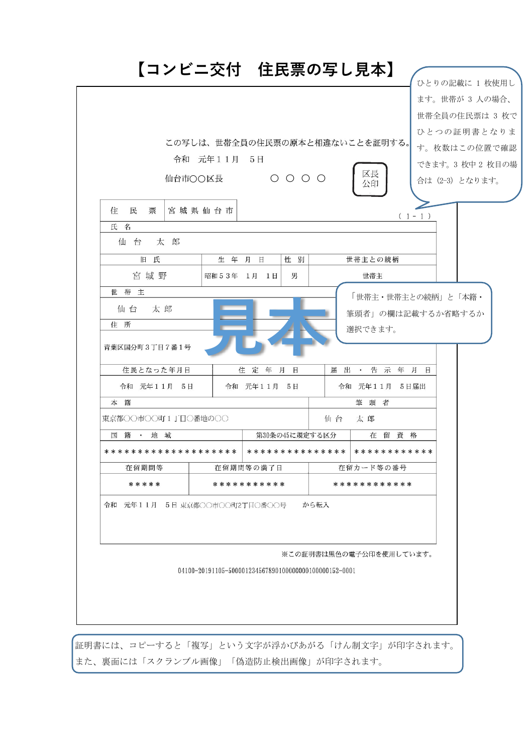 墨田区 住民票(世帯連記式)样本