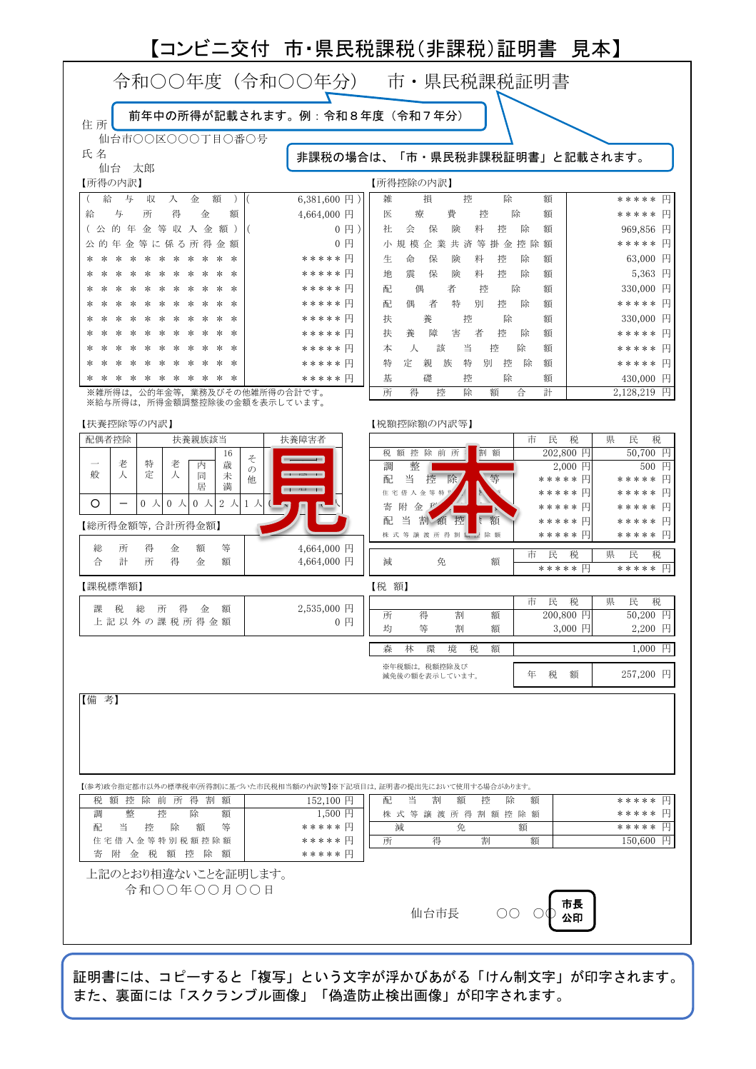 札幌市 税证明见本(納税通知書+課税証明書)